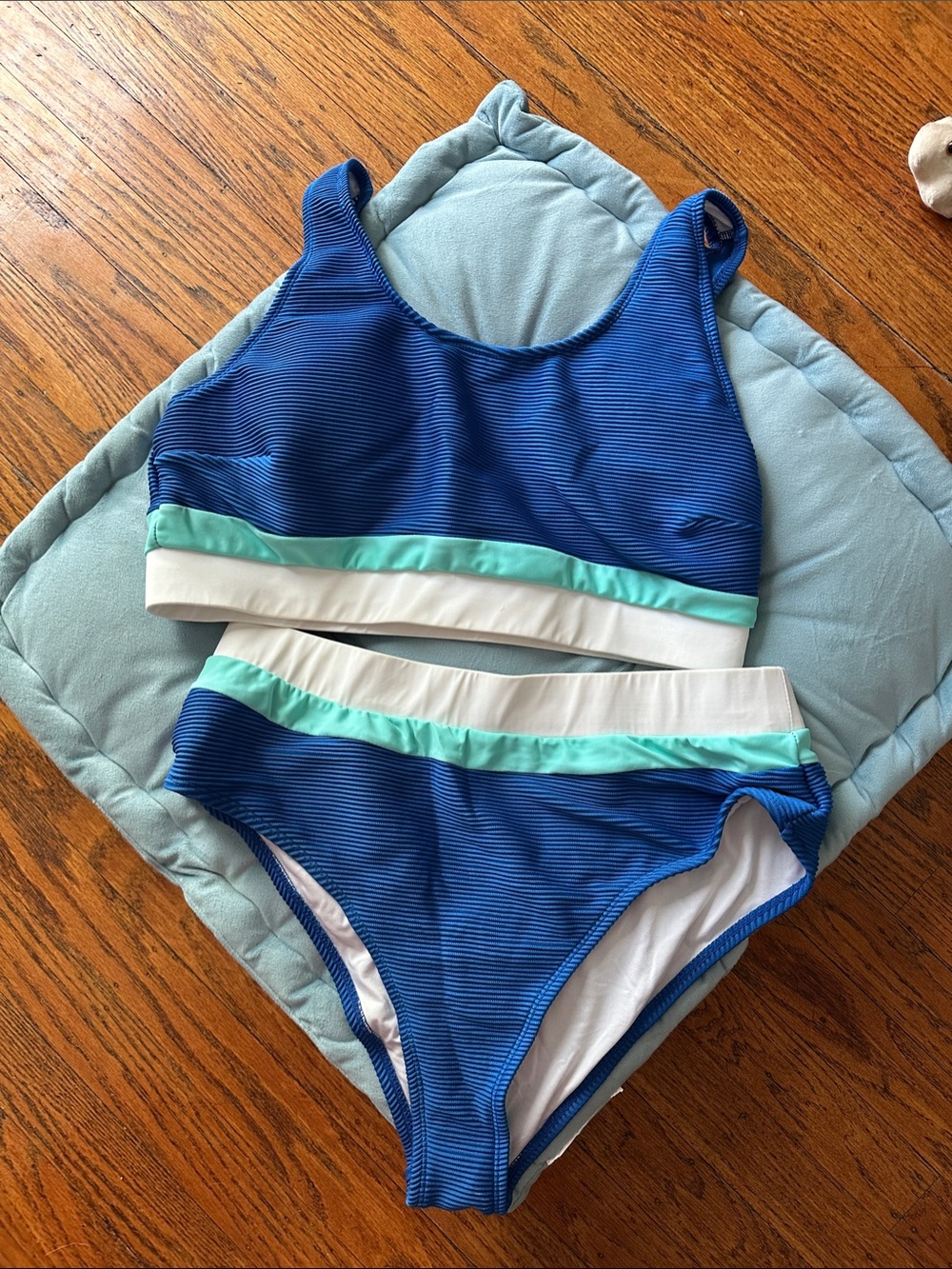 Cupsh Two-Piece Swimsuit with Turquoise and White Bands